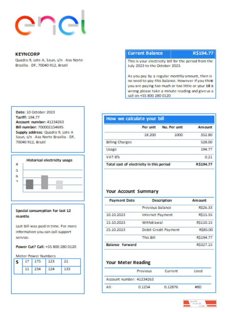 Enel Brazil electricity utility business bill,  SCR PSD template